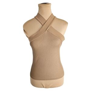 Design Lab Lord & Taylor NWT Beige Ribbed Halter Cross Top Sz XS S